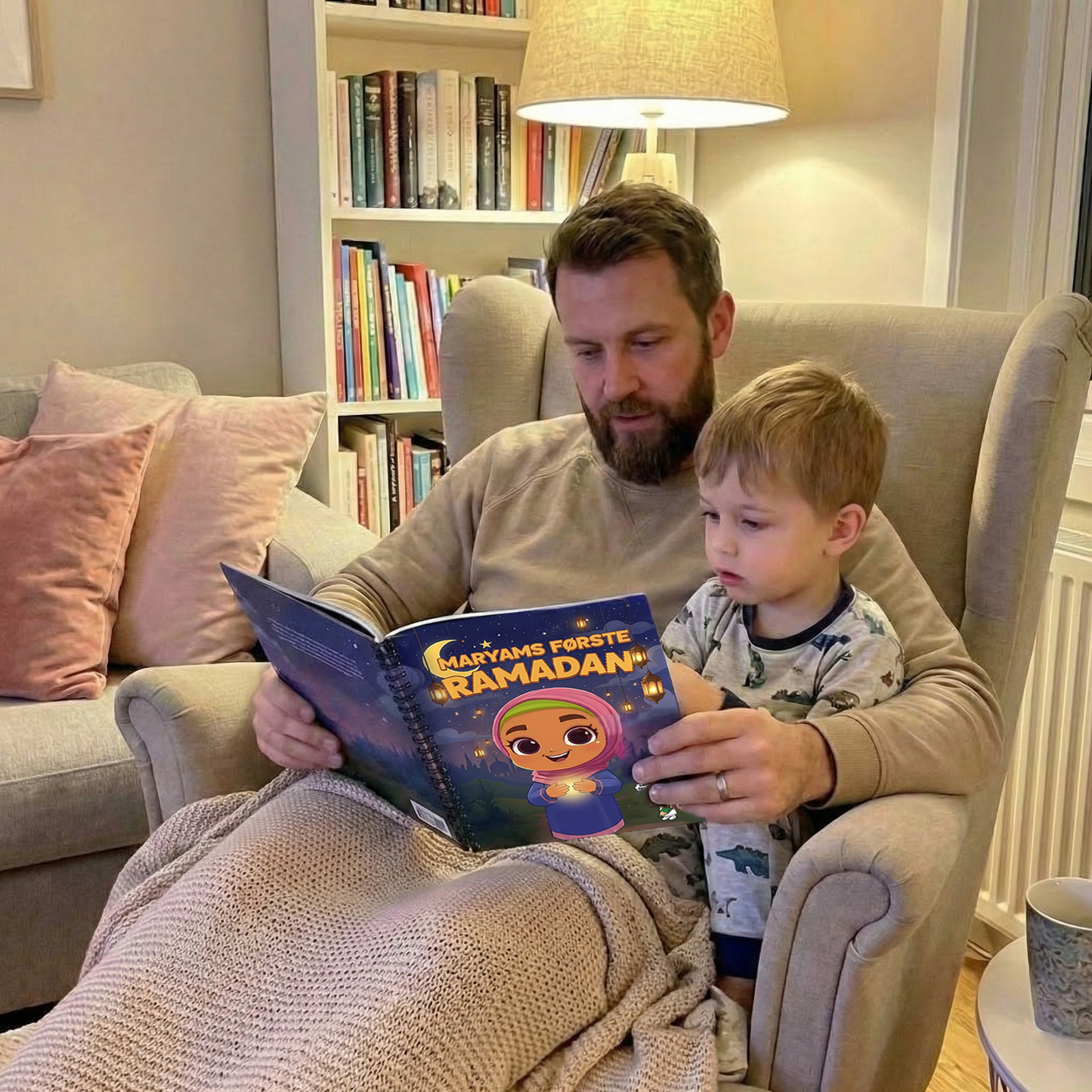 Man reading a Taqwa Tree book to a child in a cozy living room.